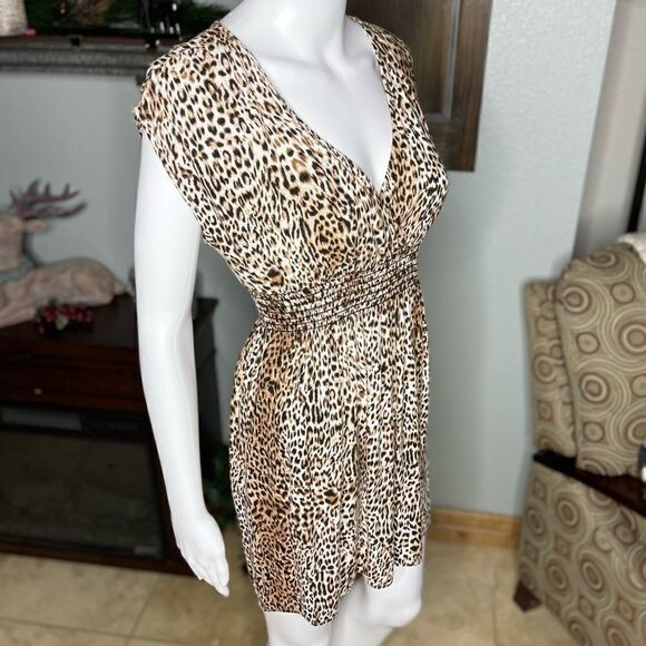 Lily White Dress Leopard Print Smocked Waist Mini Size Medium - Picture 2 of 14